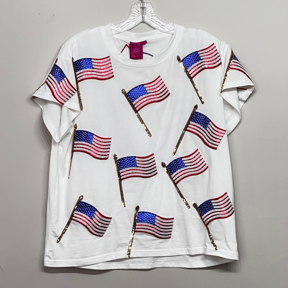 QUEEN OF SPARKLES White Tee with Red and Blue Accents